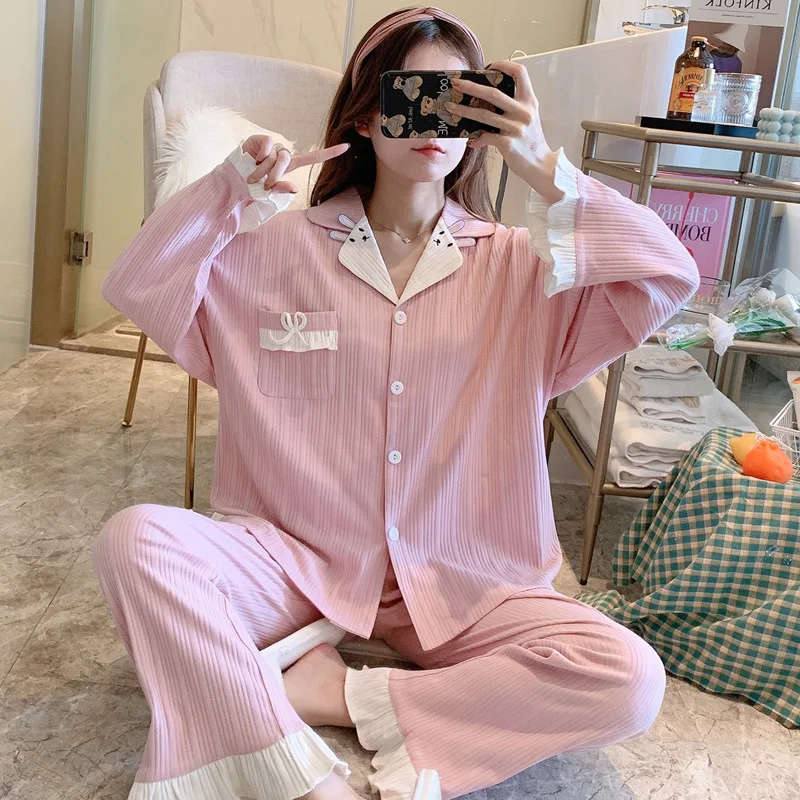 Sleepwear Women Cotton Thin Long Sleeve Pajamas Set Spring and Autumn Cotton Cute Plus Size Loose Home Clothes Schlafanzug