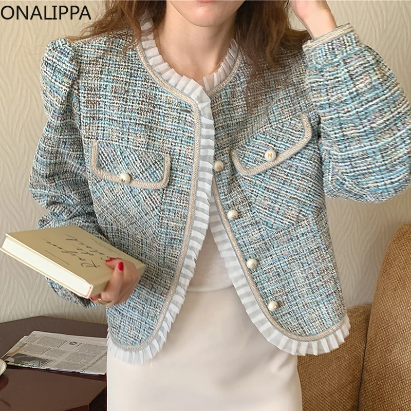 

Женский пиджак ONALIPPA в Корейском стиле, элегантный пиджак свободного покроя с круглым вырезом, плиссированными деревянными пуговицами с жем...