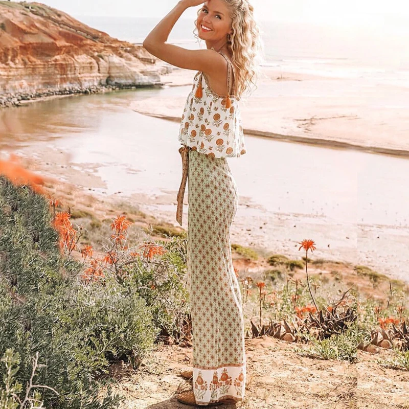 TEELYNN широкие длинные летние женские брюки 2019 зеленый вискозный цветочный принт с