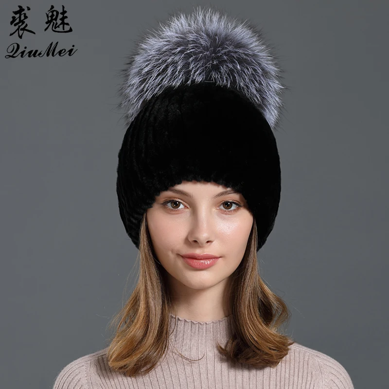 

Women's Beanies Hats Winter Real Rex Rabbit Fur Cap New 2019 Trendy Genuine Fur Knitting Woolen Net Lined Female Thicken Fur Hat