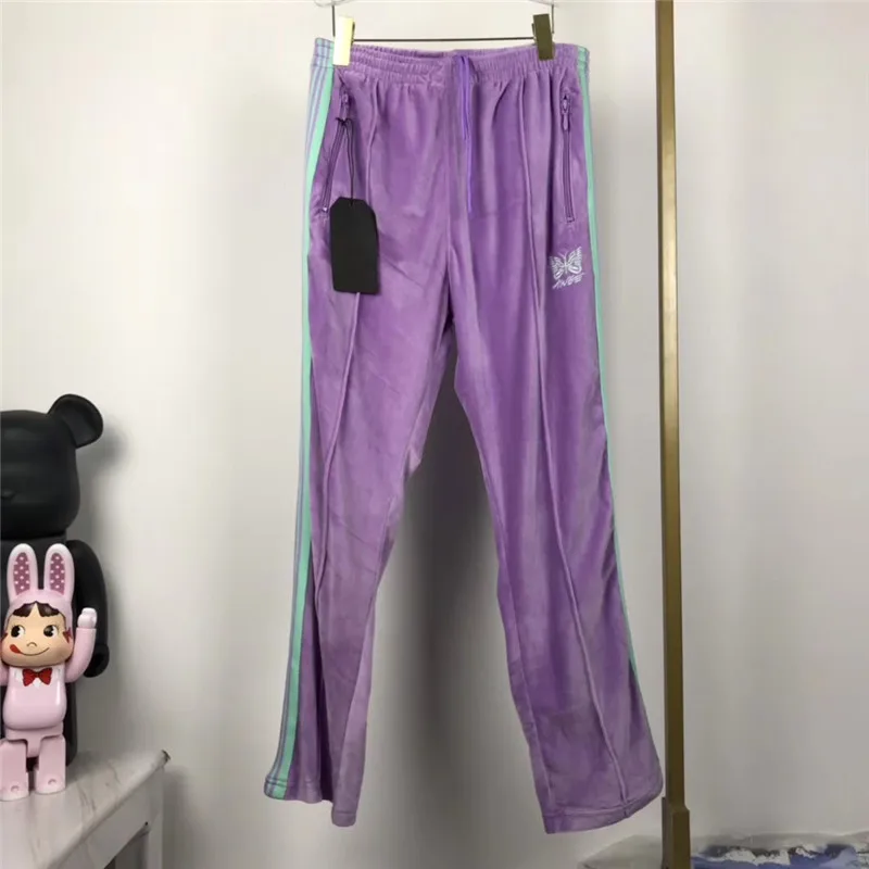 

2020ss AWGE Needles Butterfly Embroidery Sweatpants Men Women Top Quality 1:1 Striped Joggers Velvet Pants Sweatpants