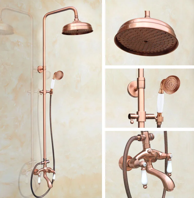 

Antique Red Copper Wall Mounted Bathroom Rainfall Handheld Shower Faucet Set Double Handle Bathtub Mixer Tap Drg564