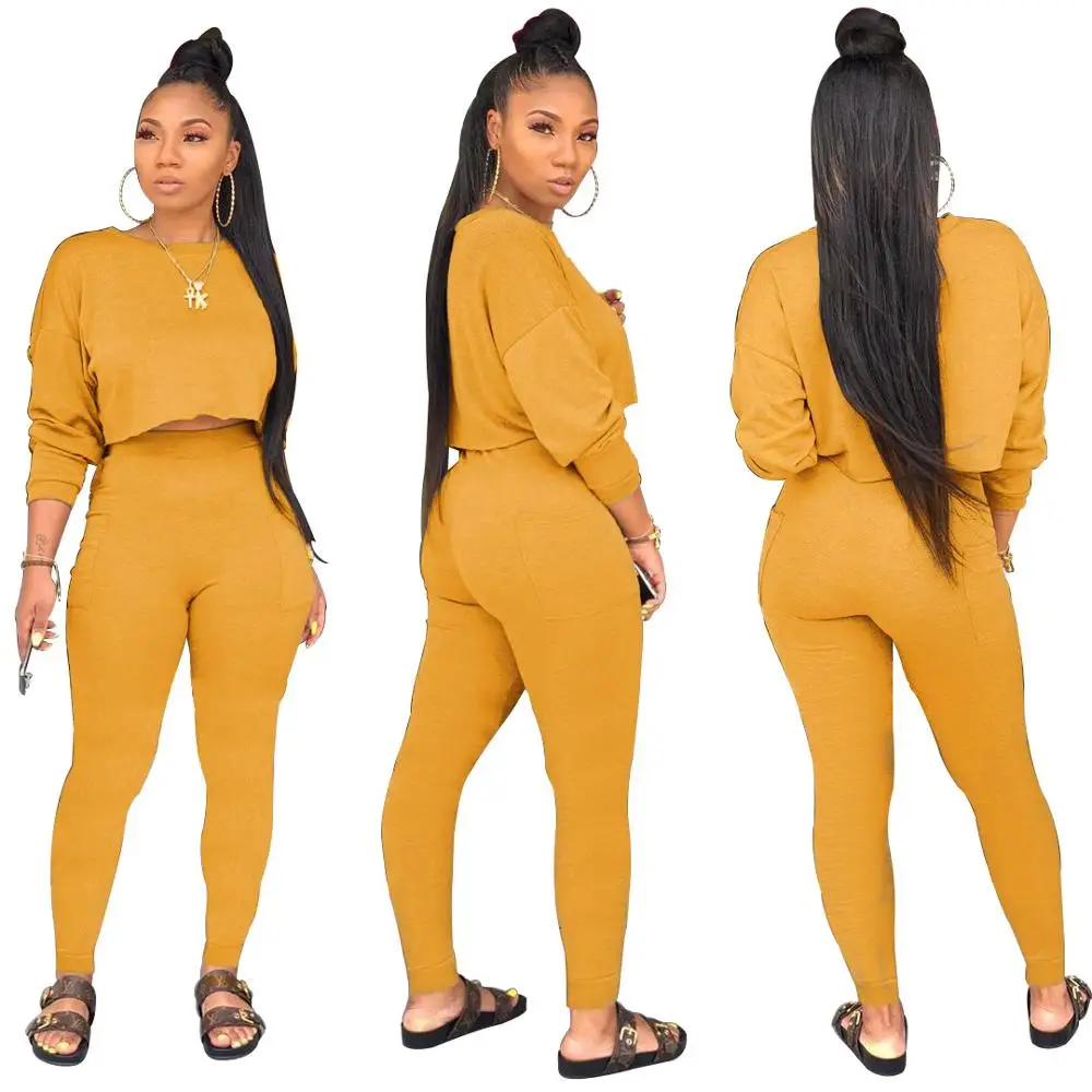 Hot sale solid casual 2 piece set women full sleeve crop top and long pants slim two sports outfit LWY6622 | Женская одежда