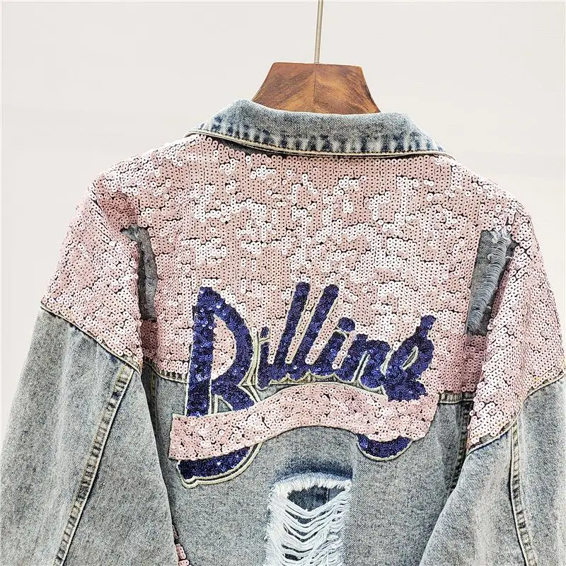 Женская джинсовая куртка с блестками винтажная Свободная дырками и надписями
