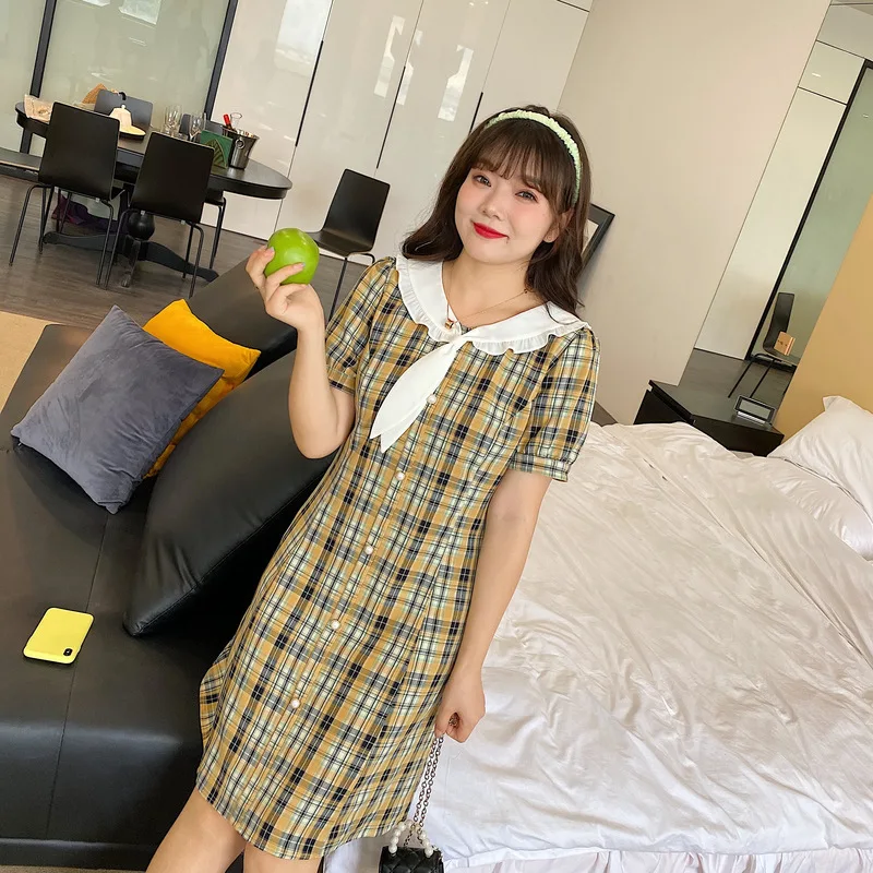

Large Women's Dress Summer New Academy Style Waist Dress Korean Style Dress Large Size Plaid Shirt Skirt PDG2049