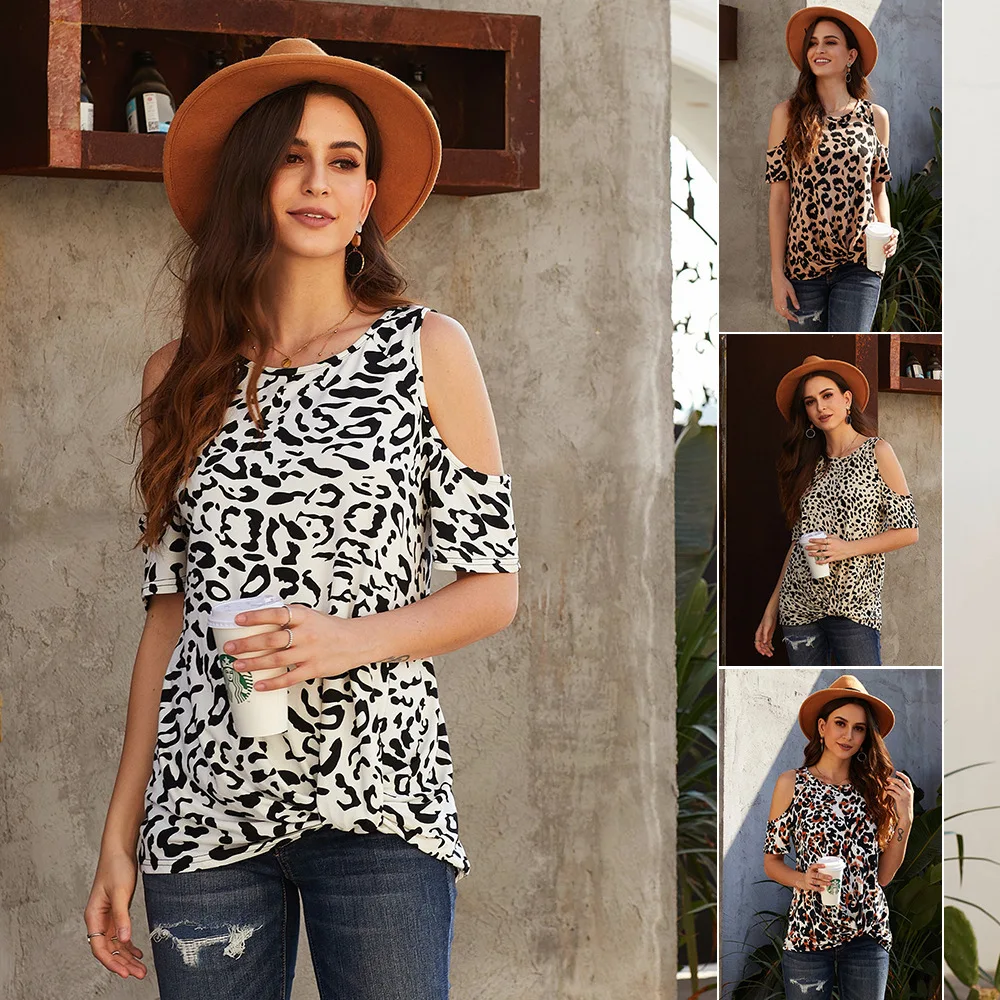 

Summer Leopard Print Short T-shirt Women round Neck Loose Urban Casual off-Shoulder Sleeve Top Women