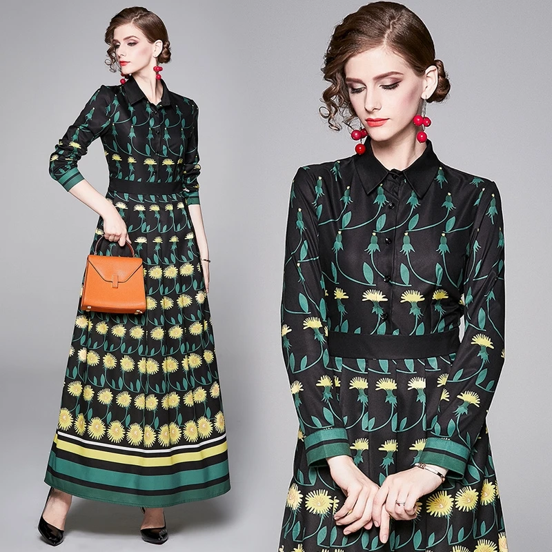 Женское винтажное платье макси с цветочным принтом осенне зимние платья
