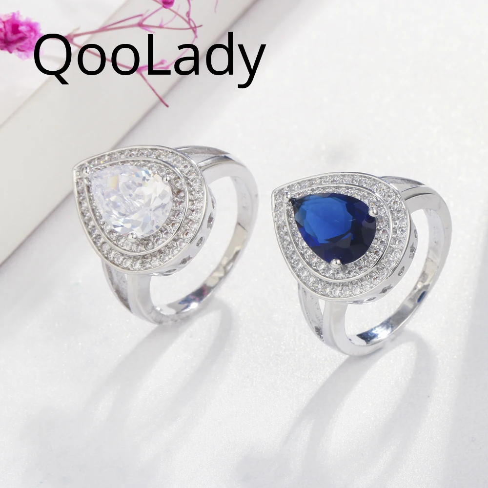 QooLady Высокое качество королевский синий большая капля воды кубический цирконий Кристалл ужина кольца для вечерние модные брендовые ювелирные изделия F075