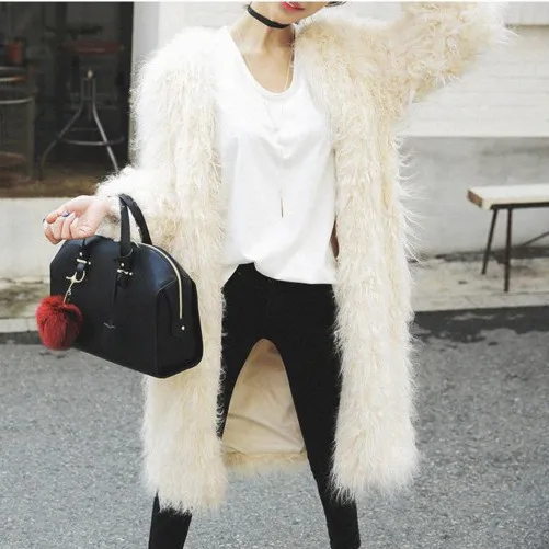 Фото Женское длинное плюшевое пальто Повседневная Свободная толстая белая куртка из