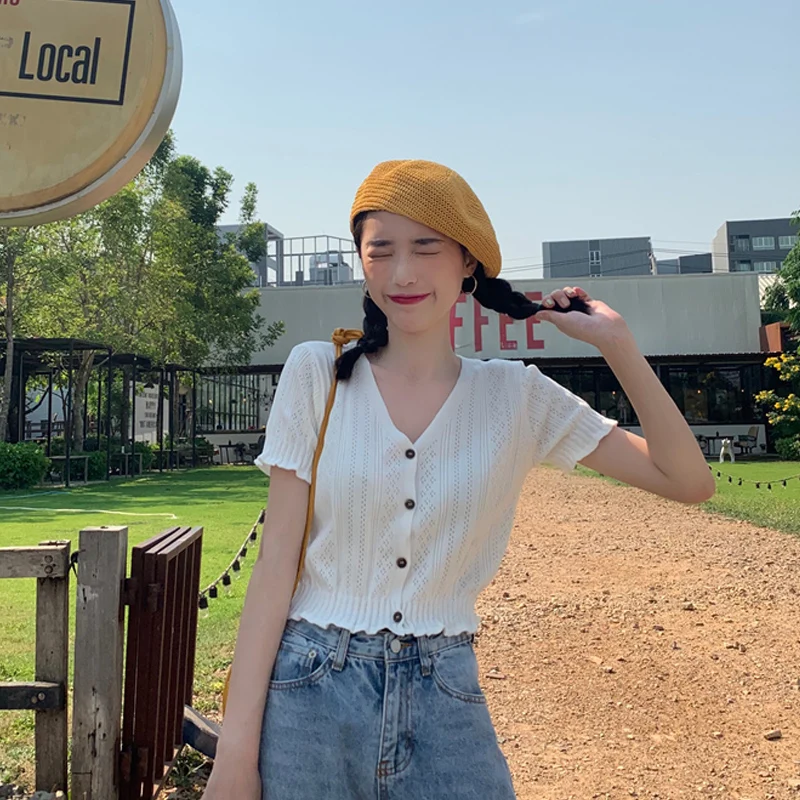 Женская летняя одежда белый ажурный короткий топ в Корейском стиле модный