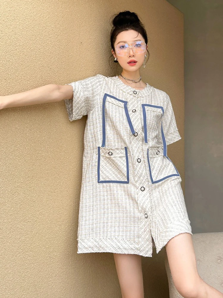 

LANMREM Women's Summer 2021 Plaid Bright Color Contrast Check Medium Long Round Neck Shirts With Packets New Fashion Top 2D7075