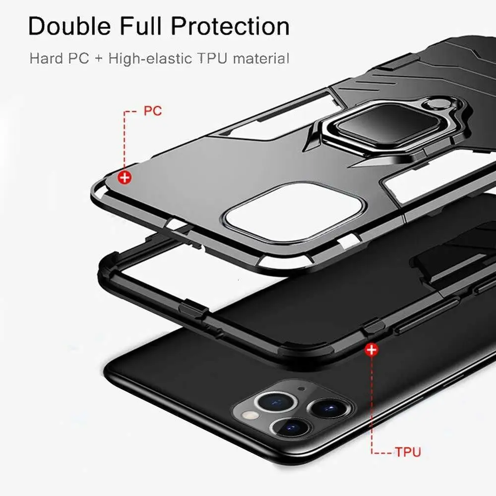 50Pcs Phone Case For Apple iPhone 11 Pro Max XS XR X 8 7 6 6S Plus SE 5 5S 360 Degree Rotate Magnetic Ring Holder Armor Cover |