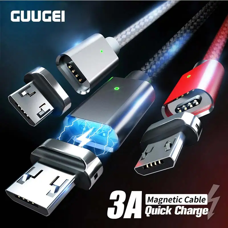 GUUGEI Магнитный кабель Micro USB кабель 3A Быстрая зарядка зарядный шнур Android кабель для передачи данных для мобильного телефона светодиодный индикатор шнур синхронизации