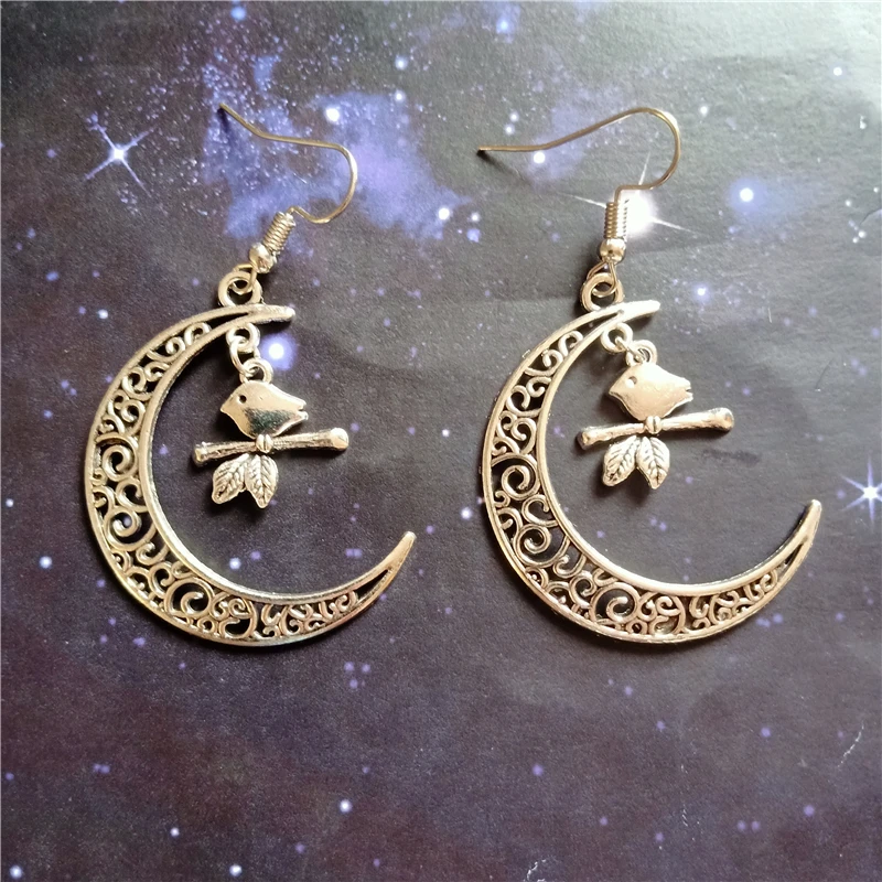 

Hollow Moon Earrings, Big Dangle Earrings, Cute Bird Earrings, Creative Earrings, Christmas Earrings Gift for Women