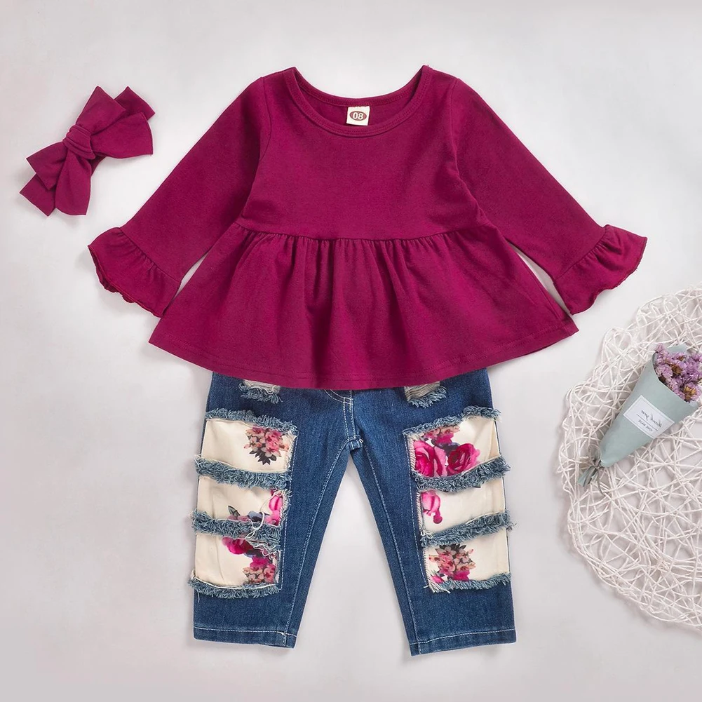 

Одежда для новорожденных девочек, джинсовый комплект для девочки, костюм-клеш для девочек топы с длинными рукавами + джинсовые штаны компле...