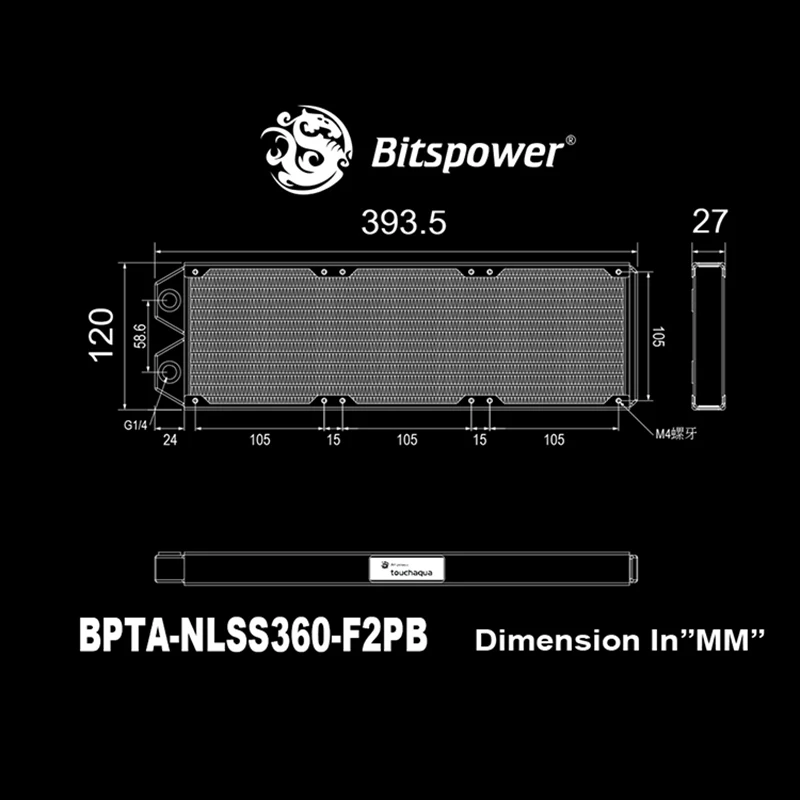 Радиатор Bitspower Touchaqua черный медный 360 мм G1/4 120х3 комплект радиаторов с водяным