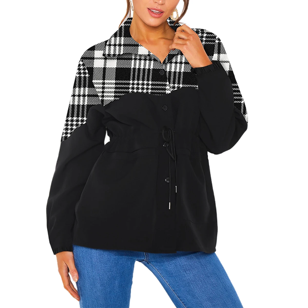

Женская Осень 2020, повседневная куртка с длинными рукавами, воротником с лацканами, модная клетчатая Асимметричная строчка, на пуговицах