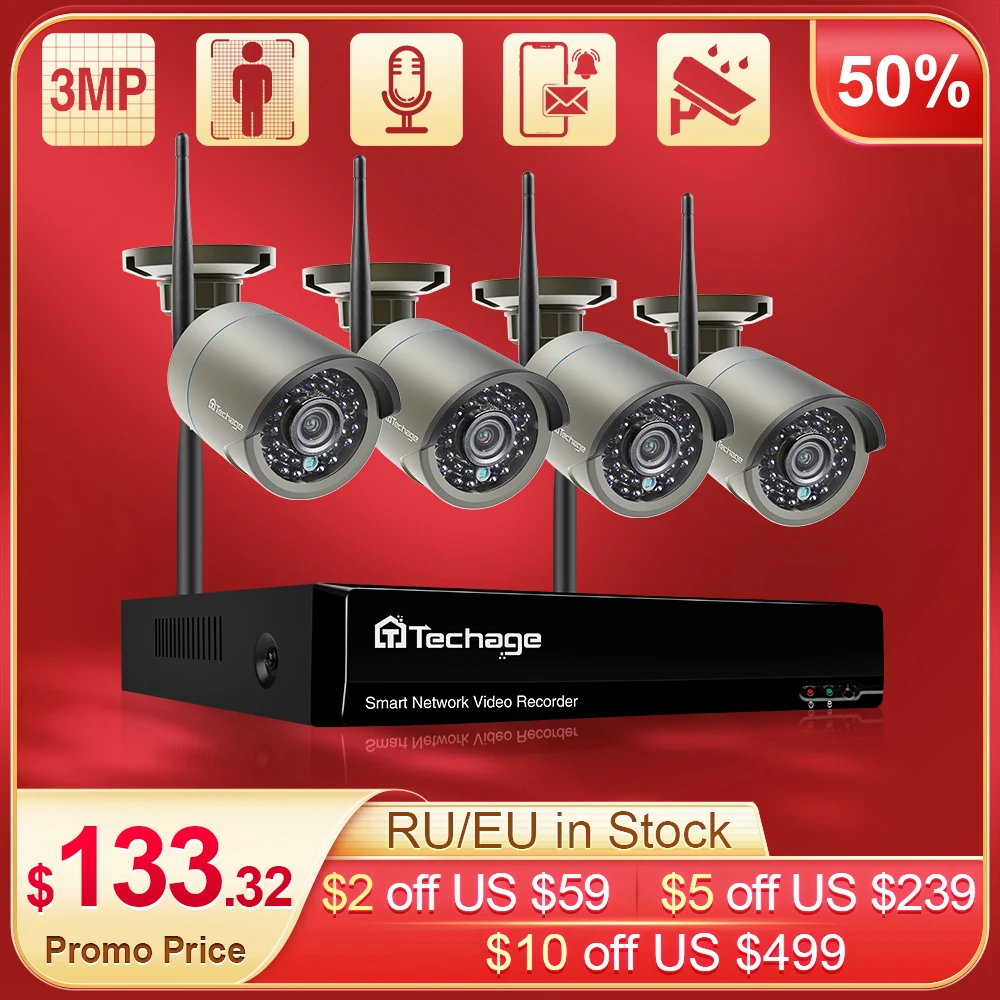 Беспроводная система видеонаблюдения Techage 8 каналов H.265 3 Мп Wi Fi IP камера с записью
