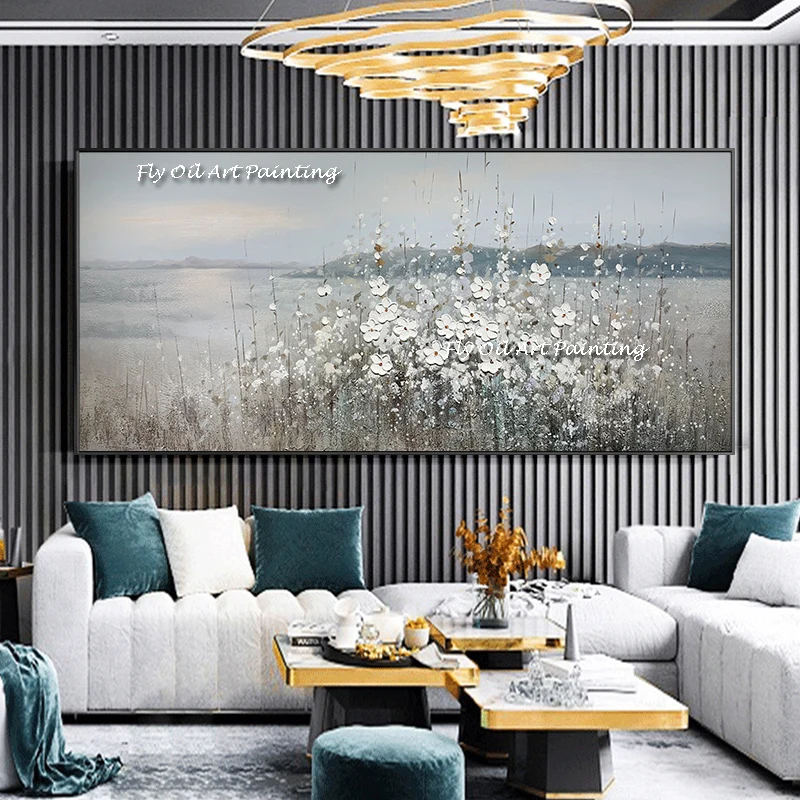 

A Sea Of White Flowers Oil Painting Abstract 100% Handpainted Modern High Quality On Canvas for living room decoration golden
