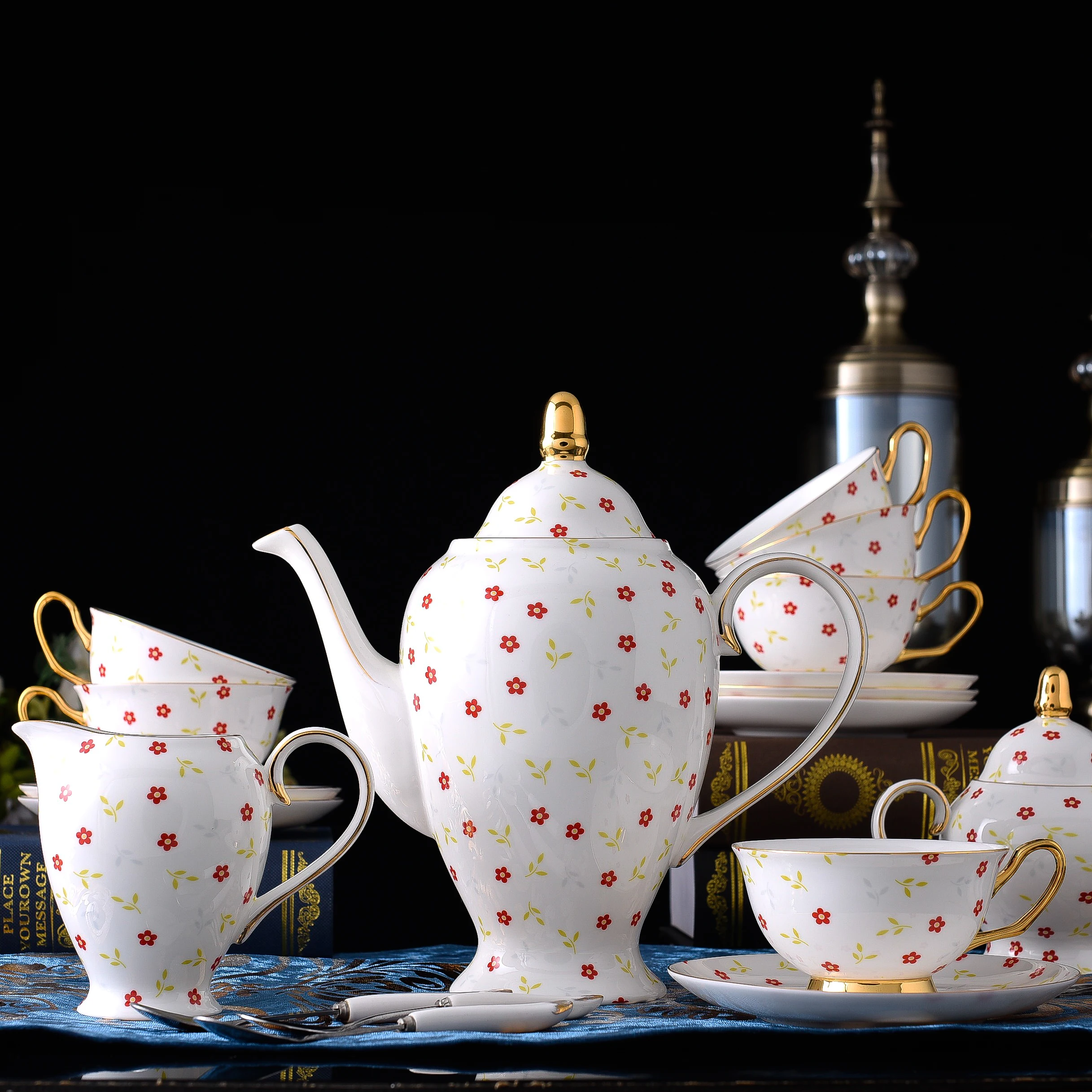 Juego de t&eacute; de lujo con dise&ntilde;o de flores, 15 piezas, calcoman&iacute;a dorada, China, juego de caf&eacute; para el t&eacute; de la tarde-0