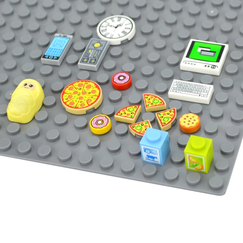 DIY City Food House Building Blocks Accessories Printed Tile Computer Phone Clock Pizza Parts Mushroom Money Coins Dollars Brick - купить по