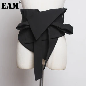 [EAM] Black Cloth Asymmetrical Bow Bandage Wide Belt Personality Women New Fashion Tide All-match Sp