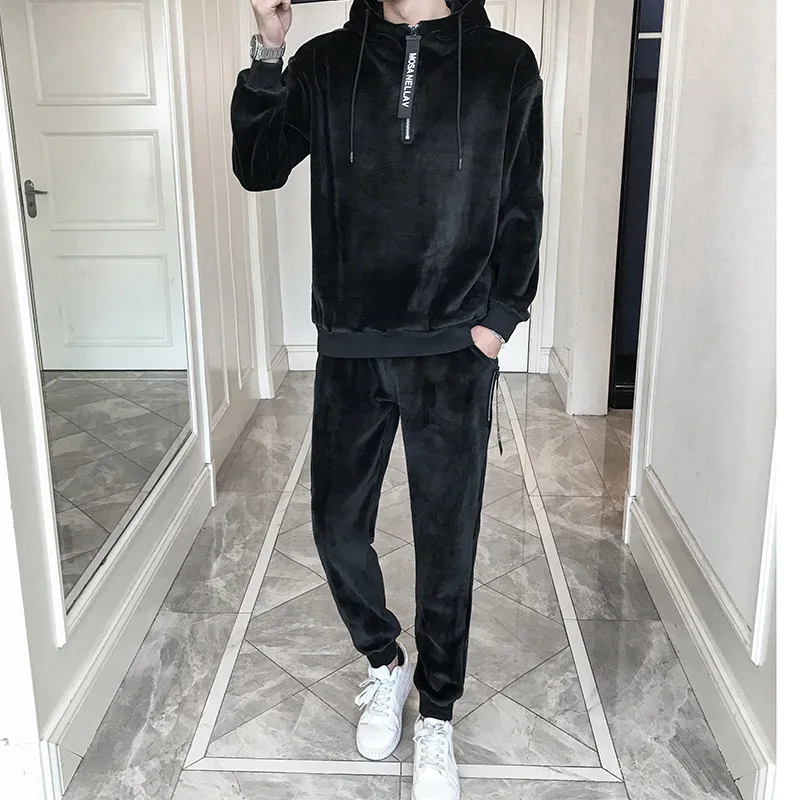 2020 Men Sport Suit Autumn Winter Hooded Sweatshirts+Pants Velvet Sportswear Two Piece Set For Tracksuit Clothing | Мужская одежда