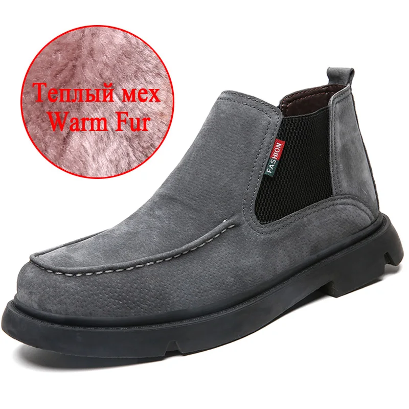 Plush Gray Базовые мужские ботинки Осень-Зима теплые мужские ботильоны без застежки с толстым плюшем модные повседневные мужские зимние ботинки мужская зимняя обувь - Color: Plush Gray