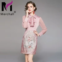 merchall fashion elegant office ladies mini dress women embroidery shirt collar long sleeve package hip bodycon dresses m58341