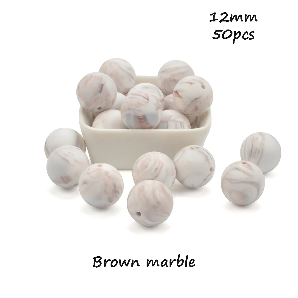 Brown marble LOFCA, 12 мм, 50 шт./лот, бусины из пищевого силикона, Прорезыватель для зубов, круглые бусины, Детская жевательная для прорезывания зубов, Силиконовые Прорезыватели для самостоятельного изготовления - Цвет: Brown marble
