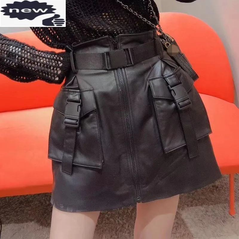 Brand Genuine Sheepskin Mini Skirts Women Fashion Pockets Zipper A-Line Streetwear Black Elegant Biker High Waist Skirt