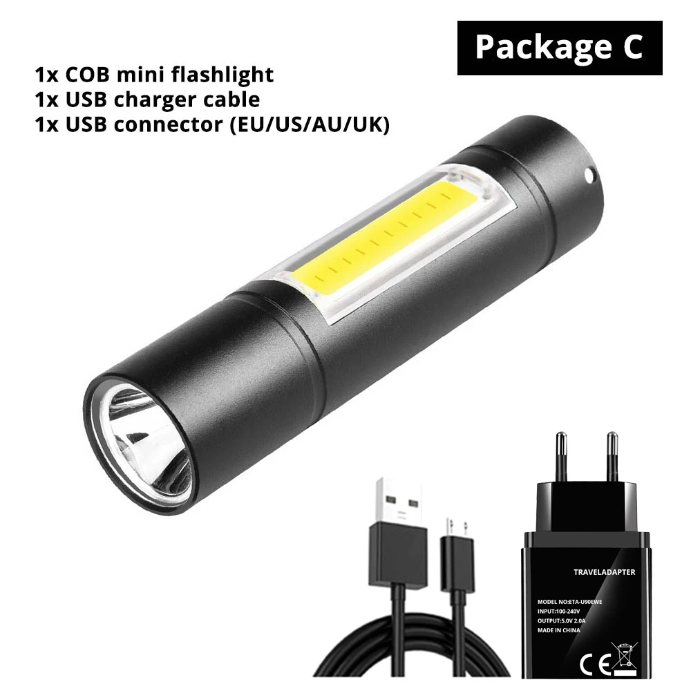 Package C USB Перезаряжаемый Фонарик 3 режима освещения COB+ XPE светодиодный мини-фонарик водонепроницаемый портативный используется для кемпинга, велоспорта, работы и т. д - Испускаемый цвет: Package C