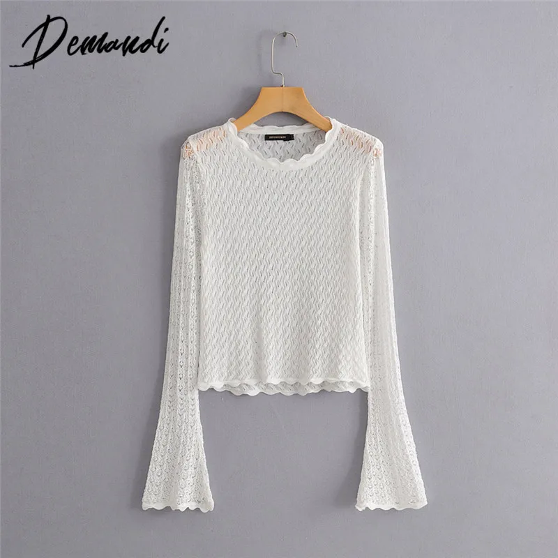 DEMANDI Women's Sweaters Fall 2019 New Pure-colour Lace Round-necked Horn Sleeve Long Thin Bottom Blouse | Женская одежда