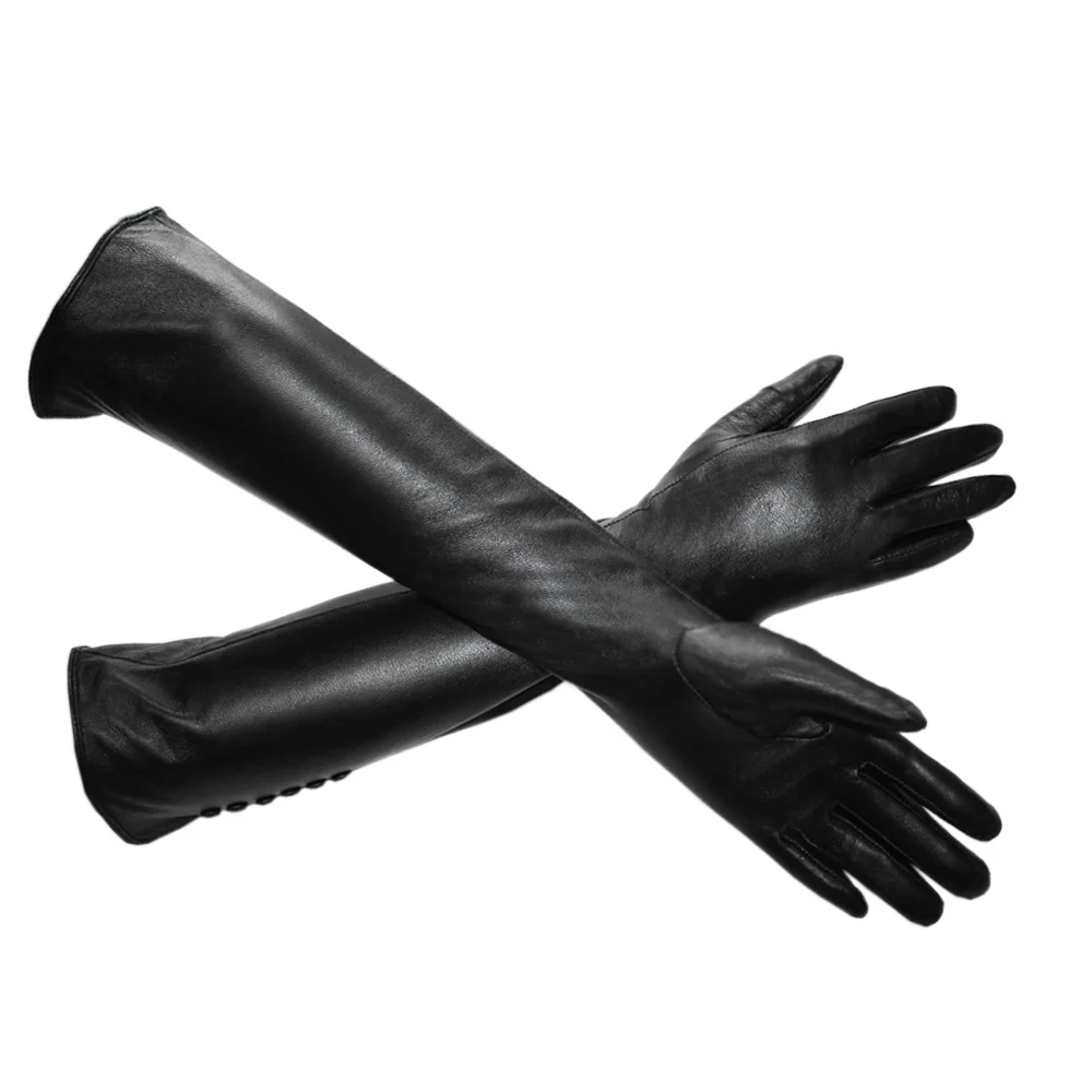 New women's long sheepskin gloves leather black fashion high-quality velvet lining winter warm gloves