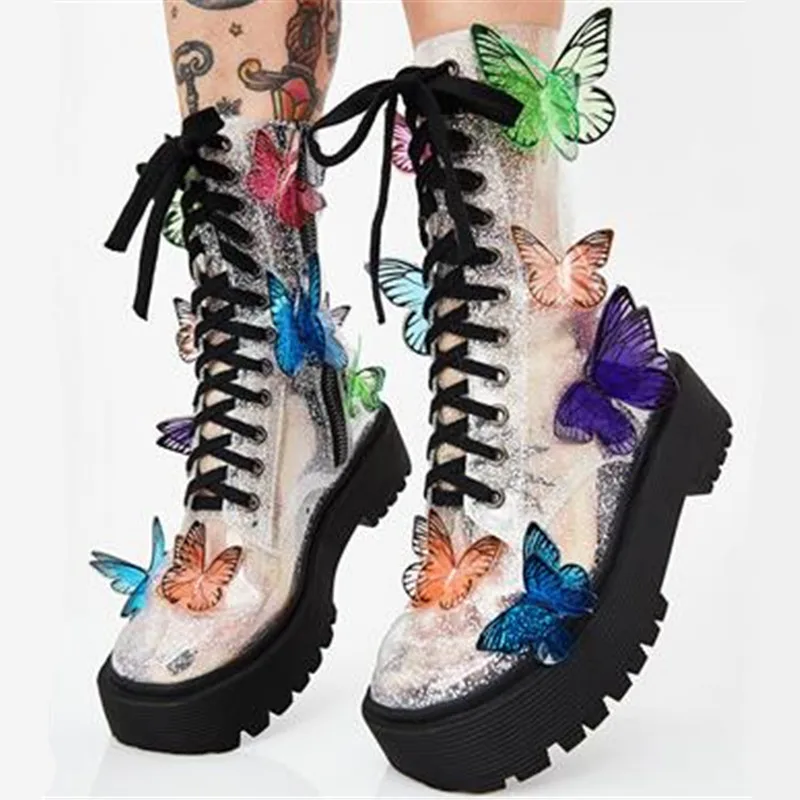 

Prova Perfetto Transparent Boots Women Butterfly Shoes Woman Ankle Boots Lace Up Women Shoes Flat Magic Color Platform