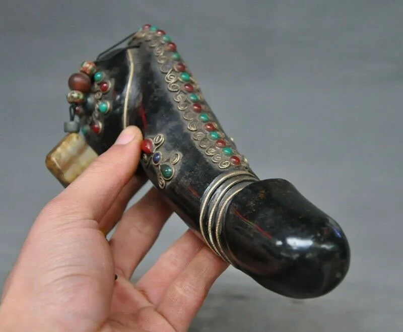 

wedding decoration 7" Tibetan Buddhism black old jade stone Inlay gem Carving male genitals statue