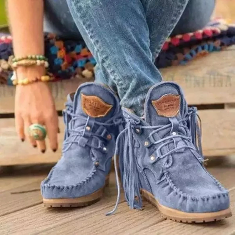 

2021 hot winter boots new women's boots lace up black tassel boots fashion large boots