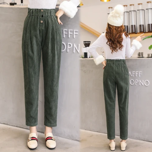 Women Corduroy Pants Vintage Casual Warm Woman Corduroy Trousers Loose Harem Pant S-5XLPlus Size Autumn Winter New Fashion - Цвет: green