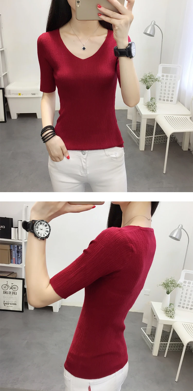 OHCLOTHINGnew style2019, короткий рукав, хлопок, круглый вырез, свитер, Женский рукав, голова, рукав, рубашка, пять, Одноцветный, плотный свитер, тонкий, ремонт