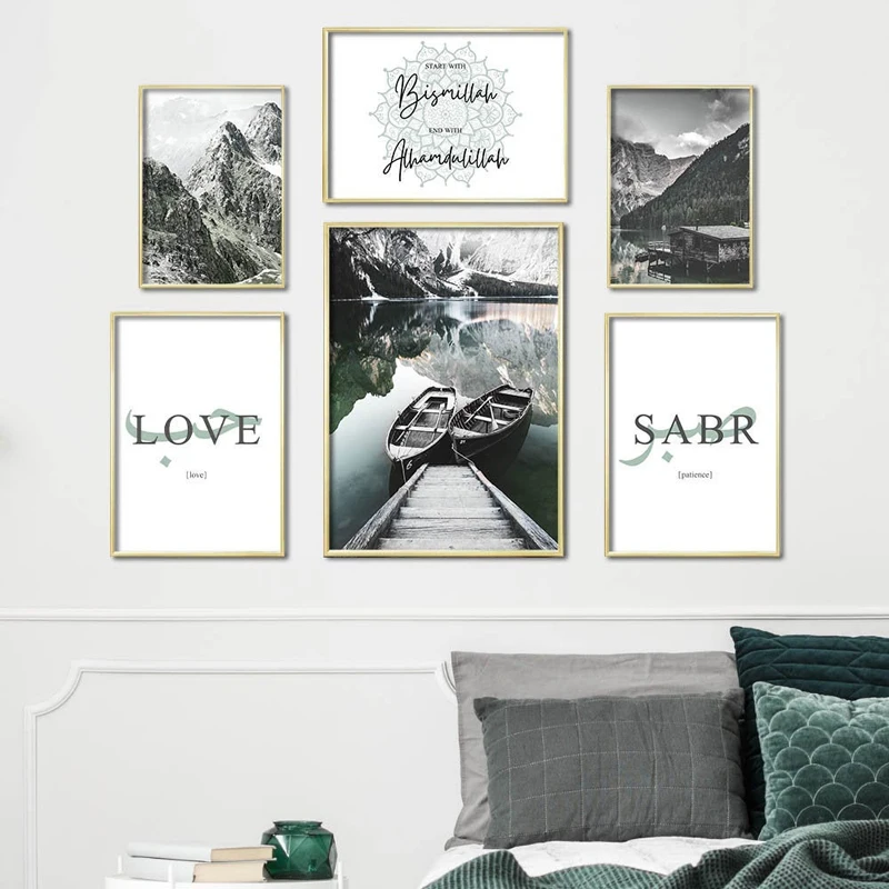 Настенная Картина на холсте в скандинавском стиле, Декор для дома, озеро, хижина, лодка, Альпийский пейзаж, цитата, плакат для исламской каллиграфии