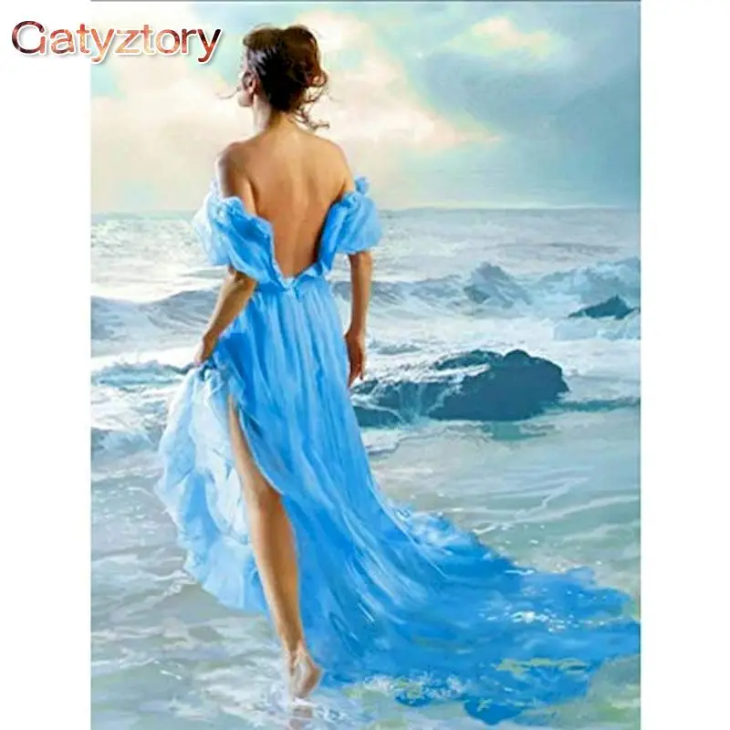 GATYZTORY Blue Skirt Woman Painting By Numbers Kits For Adult Oil Paints Acrylic Pigment Brushes Canvas Unique Birthday Gifts