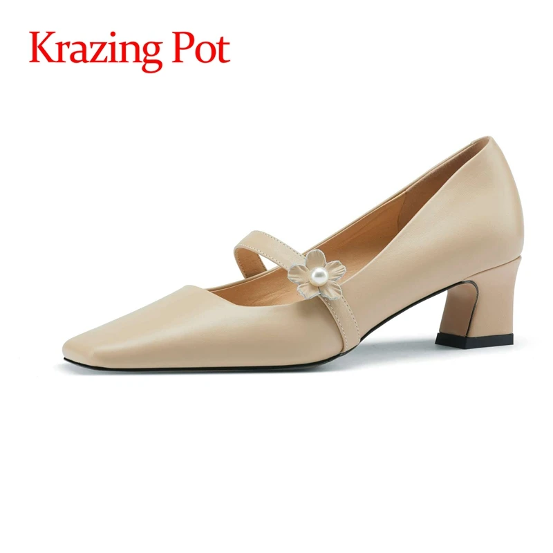 

Krazing Pot big size genuine leather square toe med heel shallow high fashion gentlewomen flowers slip on spring women pumps L15