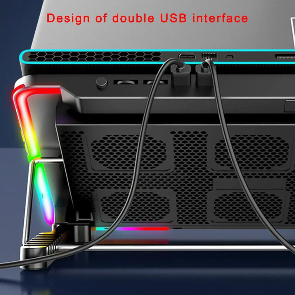 

2021 New RGB Gaming Laptop Holder Portable Silent Fan Cooler Six Fan Cooling Bracket Two USB Port Adjustable Notebook Cool Stand