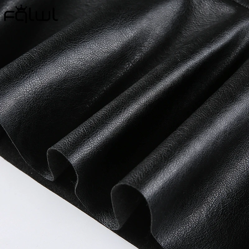 

FQLWL Casual High Waisted Faux Pu Leather Skirts Womens Black Sexy Bodycon Short Mini Skirt Female Ruffles A Line Black Skirt