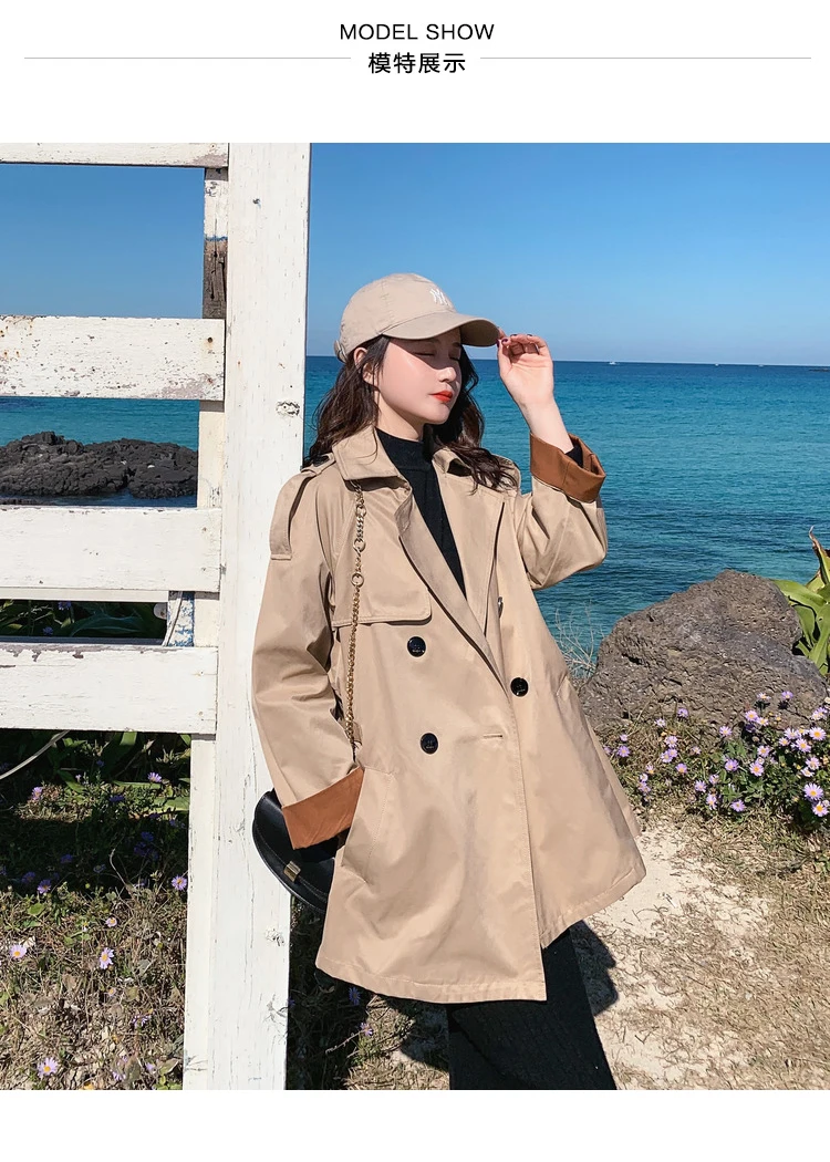 

Women Khaki Splice Short Trench Coat Autumn New Double Breasted Loose Casual Vintage Overcoat Windbreaker Spring