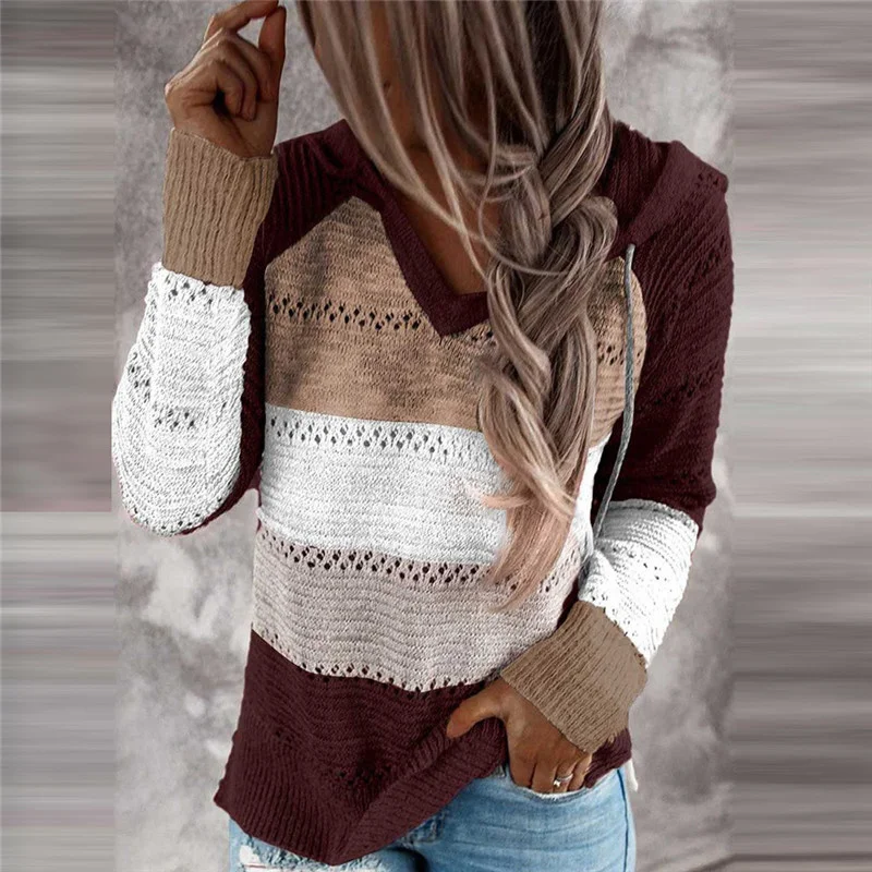 

2021 Autumn Women Casual Knitted Sweater Long Sleeve V-neck Patchwork Hoodies Striped Pullover Female Hooded Sweaters