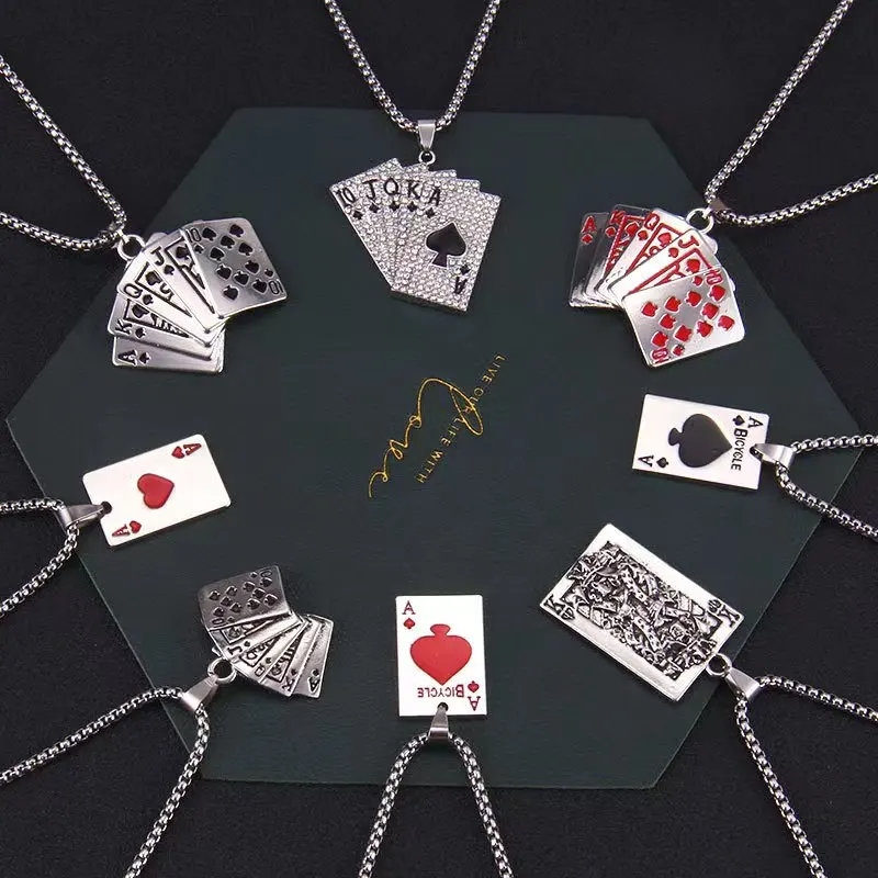 

Flush Poker Gambling Long Men Necklaces Pendants Chain Punk for Boyfriend Male Stainless Steel Jewelry Creativity Gift Wholesale