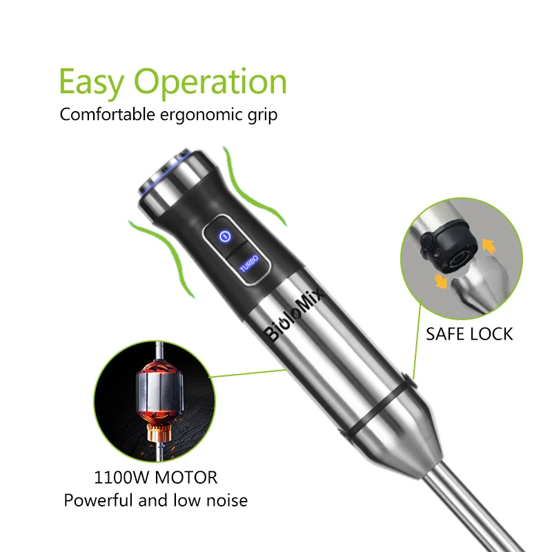 

4-in-1 Stainless Steel 1100W Immersion Hand Stick Blender Mixer Vegetable Meat Grinder 500ml Chopper Whisk 800ml Smoothie Cup