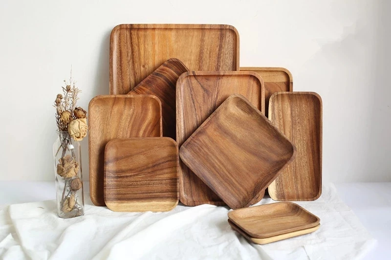 

Rectangle Square Solid Wood Pan Plate Fruit Dishes Saucer Tea Tray Dessert Dinner Bread Wood Plates