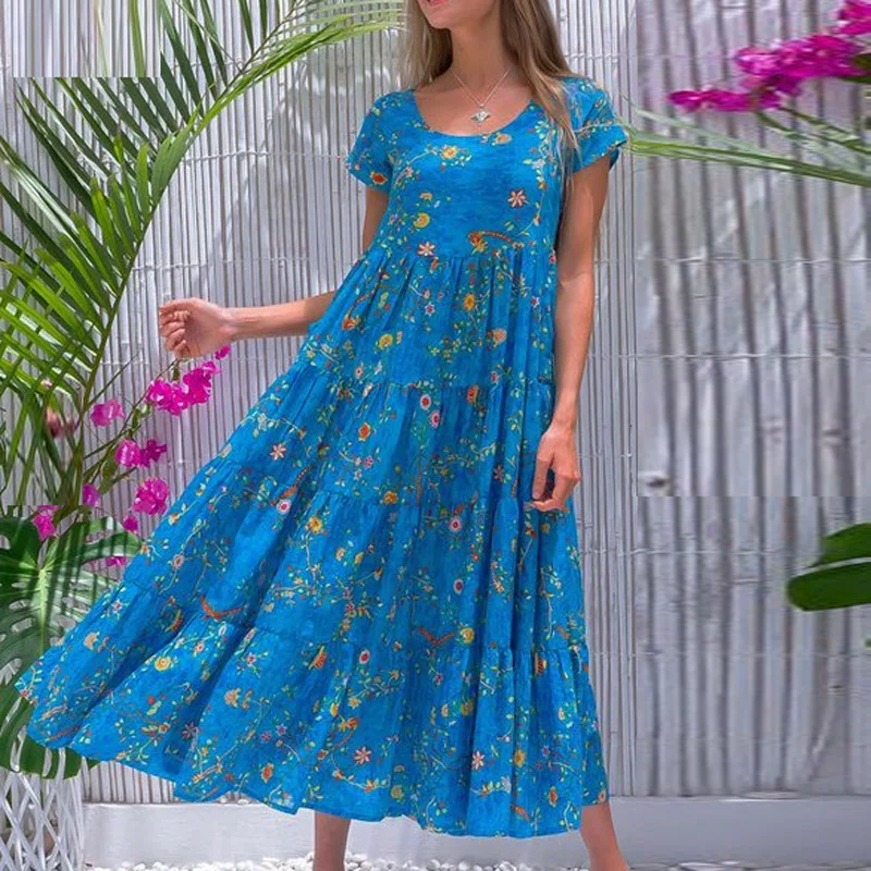 

3XL Women Summer V Neck Floral Print Dress 2021 Spring Short Sleeve Pleated Maxi Party Dress Retro Elegant Loose Boho Long Dress